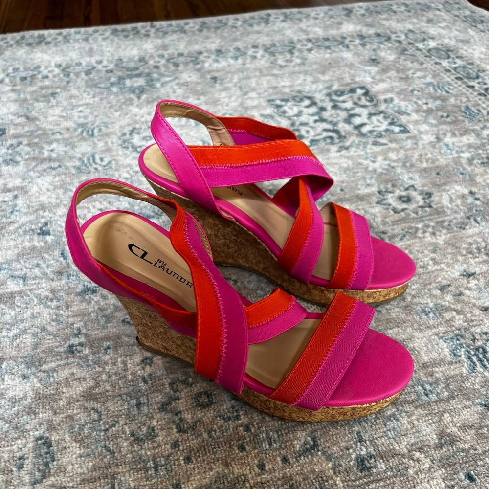 Size 8.5. CL by Laundry 4 inch wedges. Pink and orange.
